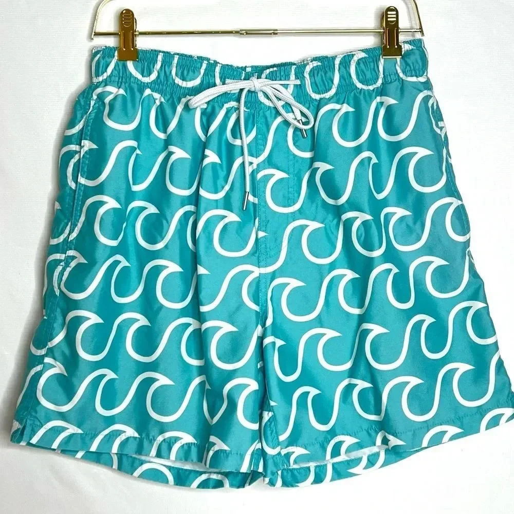 Southern Tide Swim Short Size Small  Wave Pattern Trunk Teal White